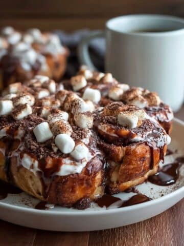 Hot cocoa cinnamon rolls topped with mini marshmallows, chocolate drizzle, and cocoa dusting on a plate with a warm mug in the background.