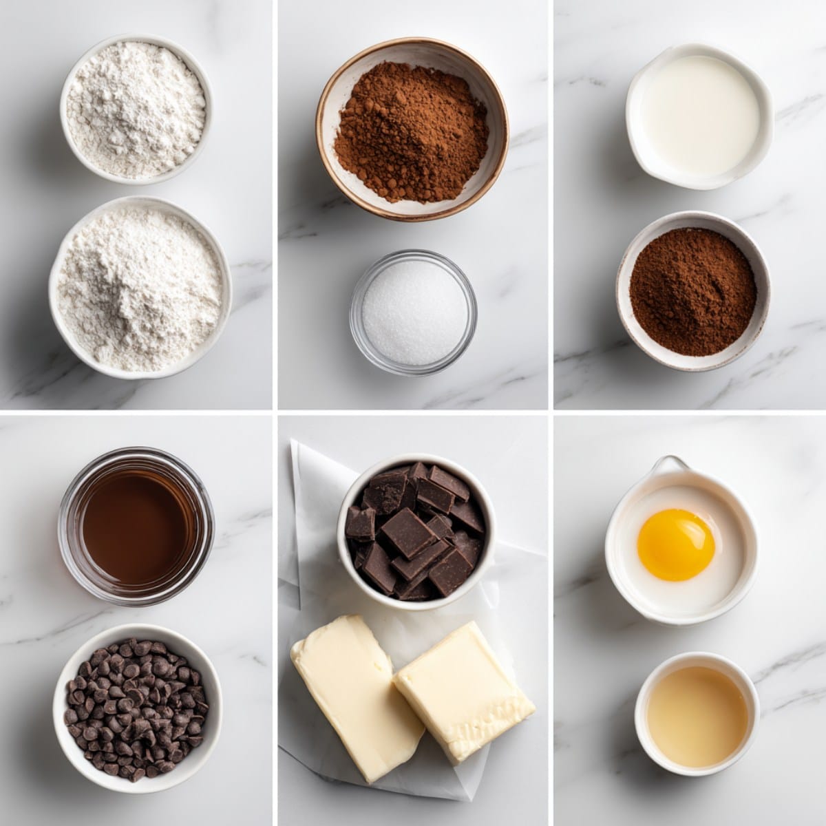 Hot Cocoa Cinnamon Rolls ingredients on a white marble counter.