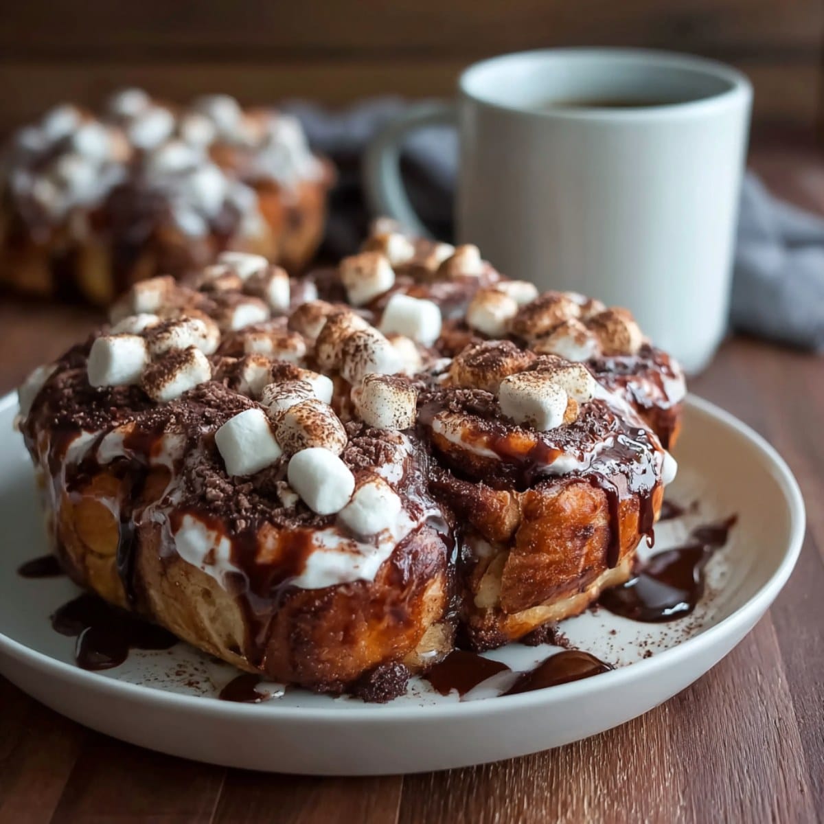 Hot cocoa cinnamon rolls topped with mini marshmallows, chocolate drizzle, and cocoa dusting on a plate with a warm mug in the background.