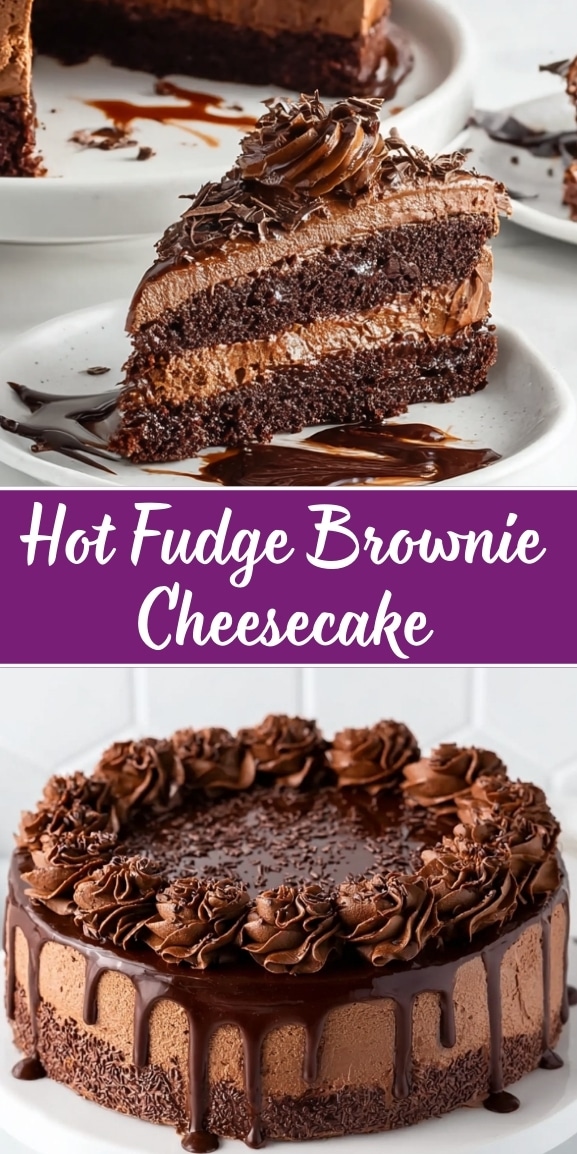 Hot fudge brownie cheesecake with layers of rich chocolate brownie and creamy cheesecake