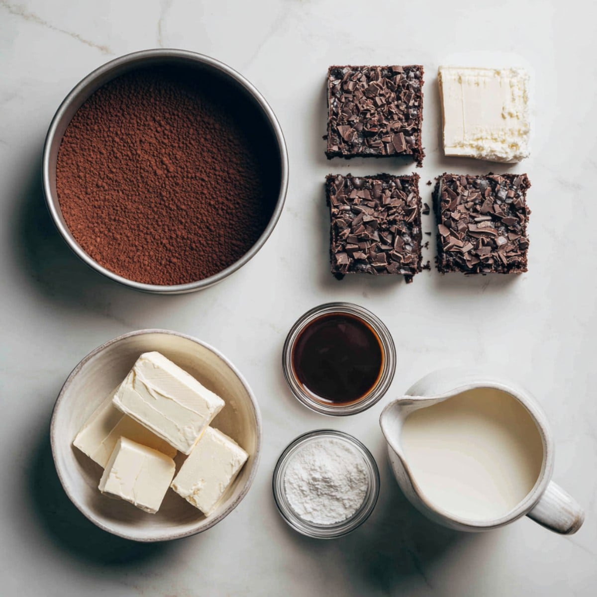 Ingredients for hot fudge brownie cheesecake arranged in a 4-panel flat lay on a white marble kitchen counter.