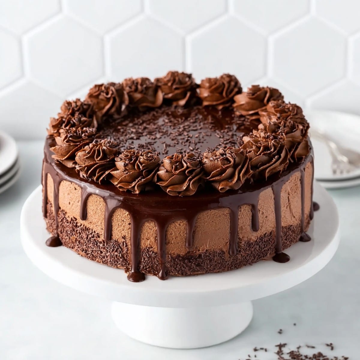 Hot fudge brownie cheesecake topped with chocolate ganache and whipped chocolate frosting