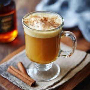 Warm homemade hot buttered rum in a glass mug topped with cinnamon foam. Cozy winter rum cocktail made with spiced butter batter and dark rum.