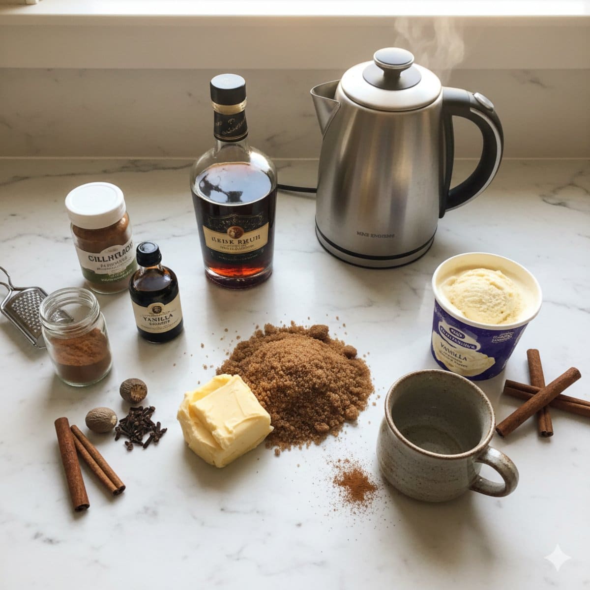 Overhead view of homemade hot buttered rum ingredients including butter, brown sugar, spices, and dark rum.