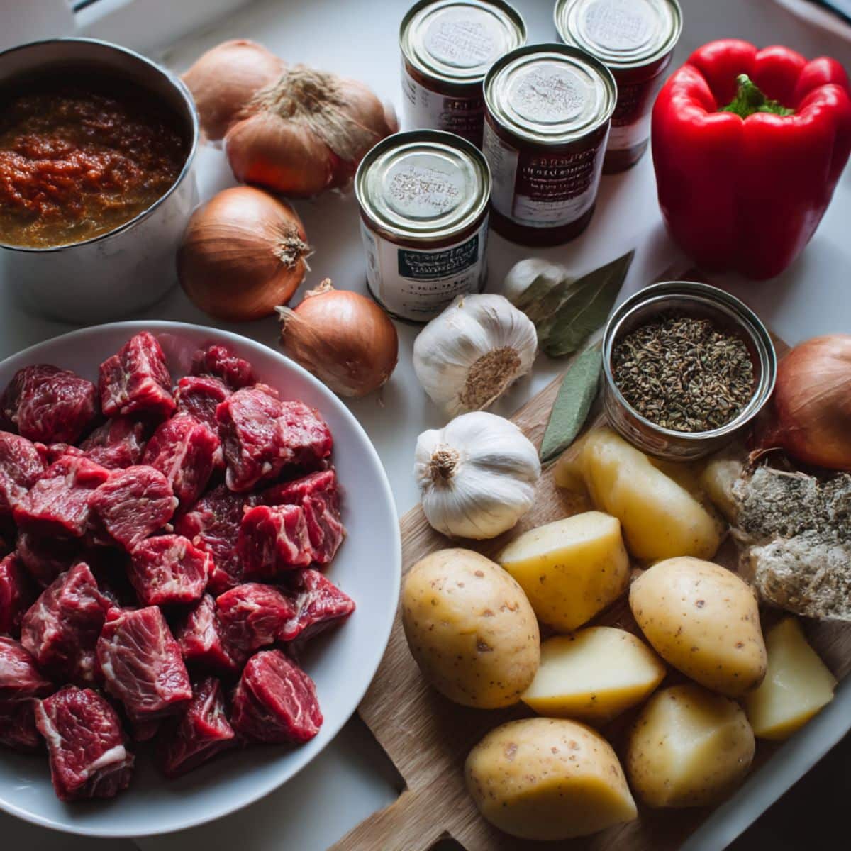 Ingredients for authentic Hungarian goulash displayed overhead, including beef, peppers, potatoes, onions, and real Hungarian paprika.