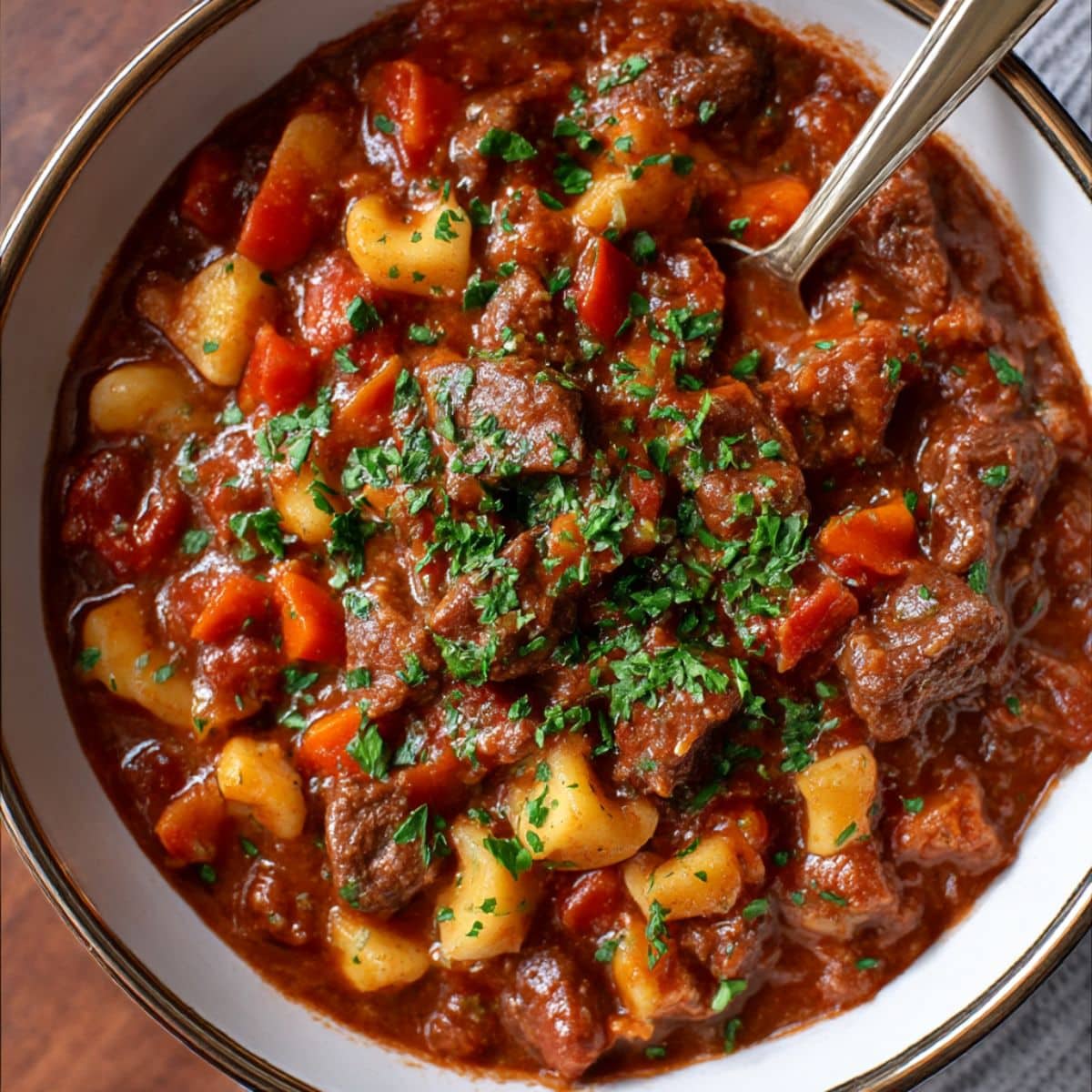 Authentic Hungarian goulash with tender beef, potatoes, and peppers simmered in rich paprika broth.