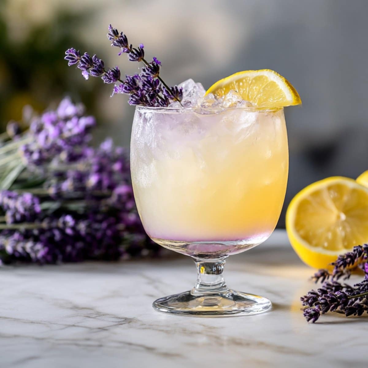 Lavender limoncello cocktail garnished with fresh lavender and lemon on a marble surface. A refreshing floral lemon drink with a light purple gradient.