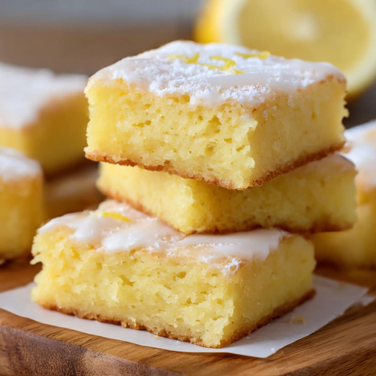 Lemon brownies with a soft, cakey crumb and glossy lemon glaze, stacked on a wooden board with fresh lemon zest on top.