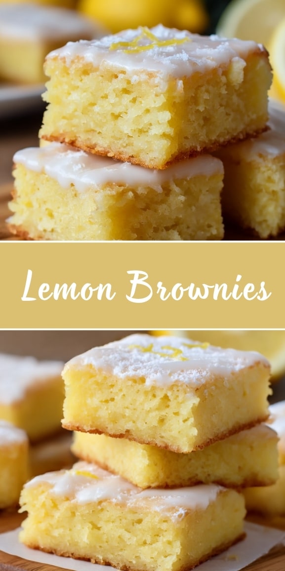 Lemon brownies Pinterest pin showing stacked glazed lemon brownie bars with a “Lemon Brownies” text banner.
