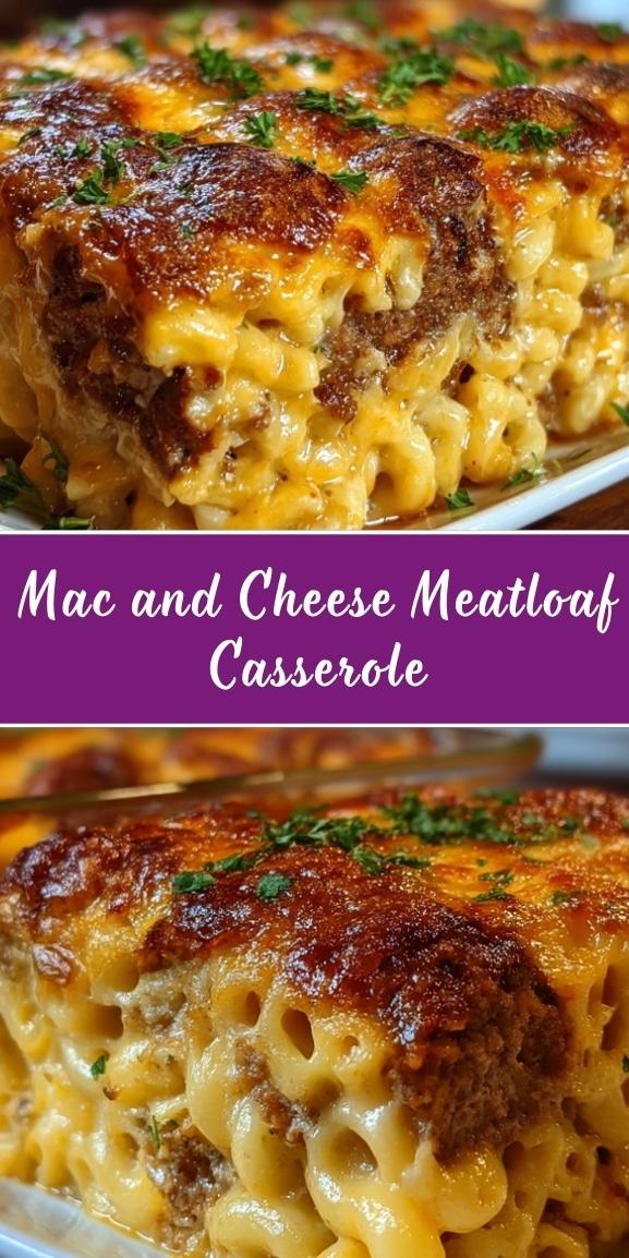 Close-up of a cheesy mac and cheese meatloaf casserole slice with golden crust, melty cheddar, and fresh parsley on top.