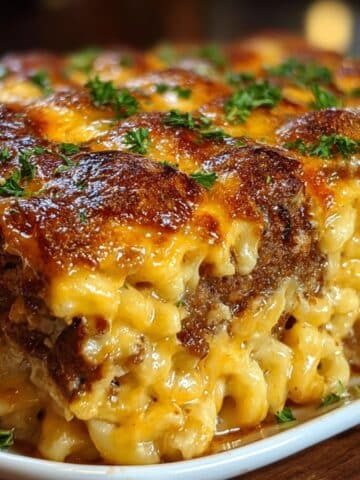 Mac and cheese meatloaf casserole slice with gooey melted cheddar, creamy elbow macaroni, and a browned meatloaf-style top, garnished with parsley.