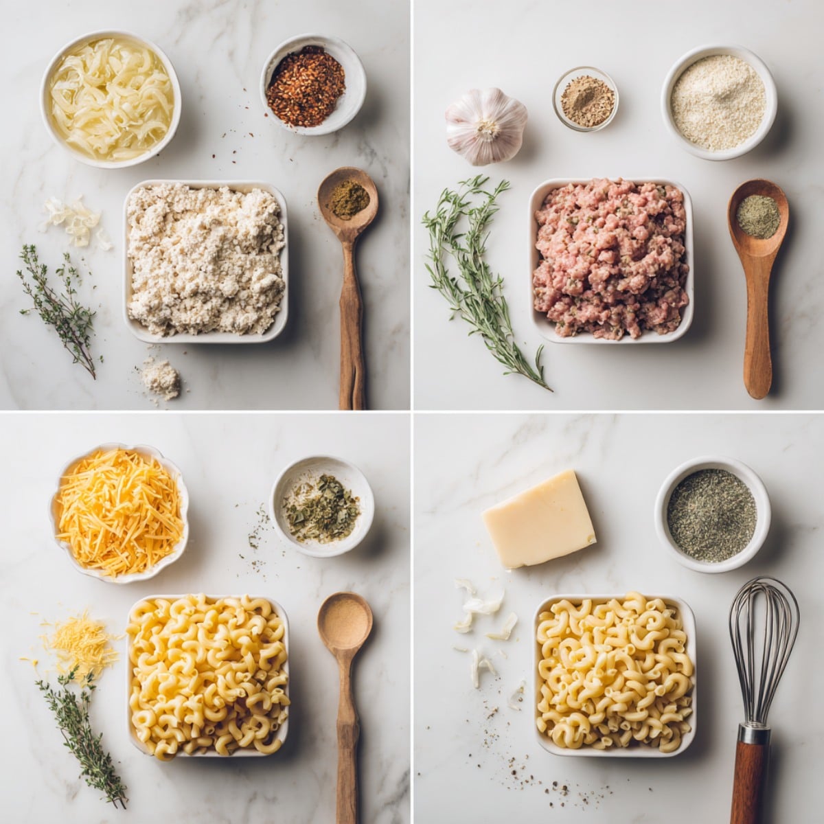 Mac and cheese meatloaf casserole ingredients on a white marble counter.