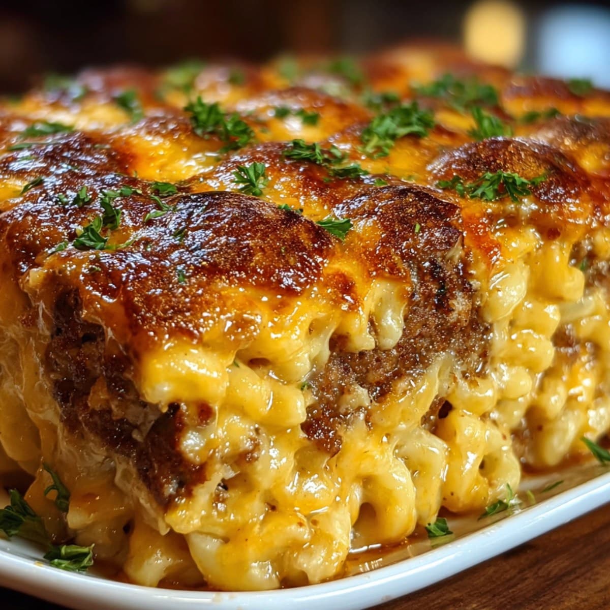 Mac and cheese meatloaf casserole slice with gooey melted cheddar, creamy elbow macaroni, and a browned meatloaf-style top, garnished with parsley.