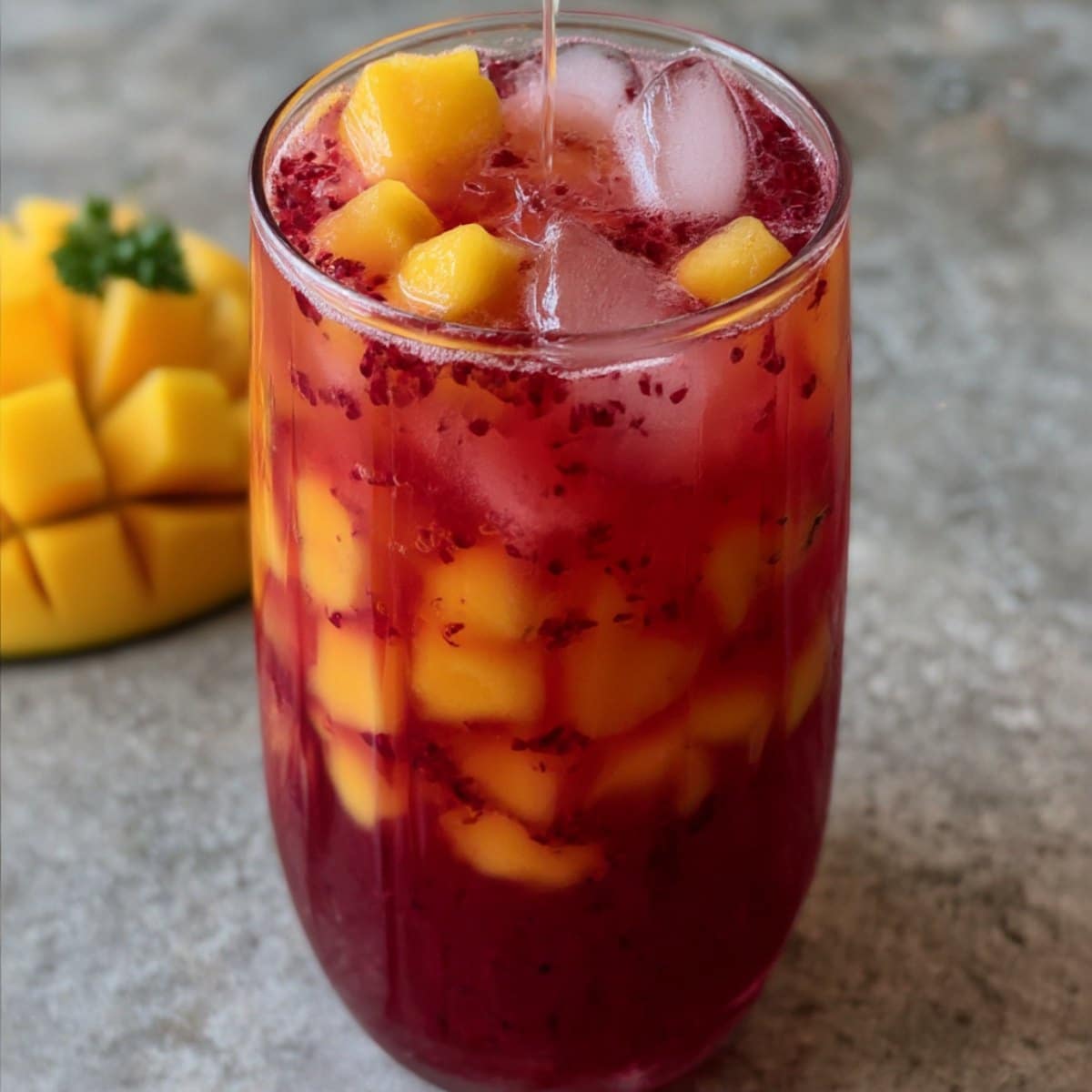 Homemade mango hibiscus iced tea with vibrant ruby hibiscus and fresh mango chunks over ice.