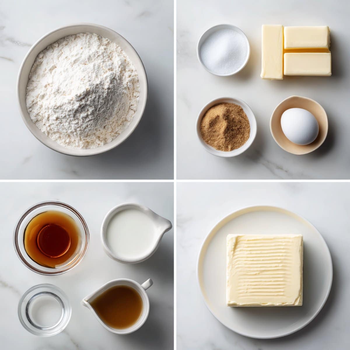Maple Cookies with Brown Butter Icing ingredients on a white marble counter with flour, butter, sugars, egg, real maple syrup, vanilla, and powdered sugar.