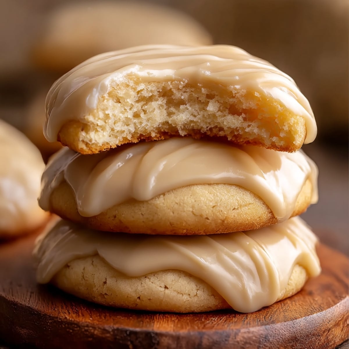 Stack of soft maple cookies topped with glossy brown butter icing, with the top cookie bitten to reveal a tender, moist interior.