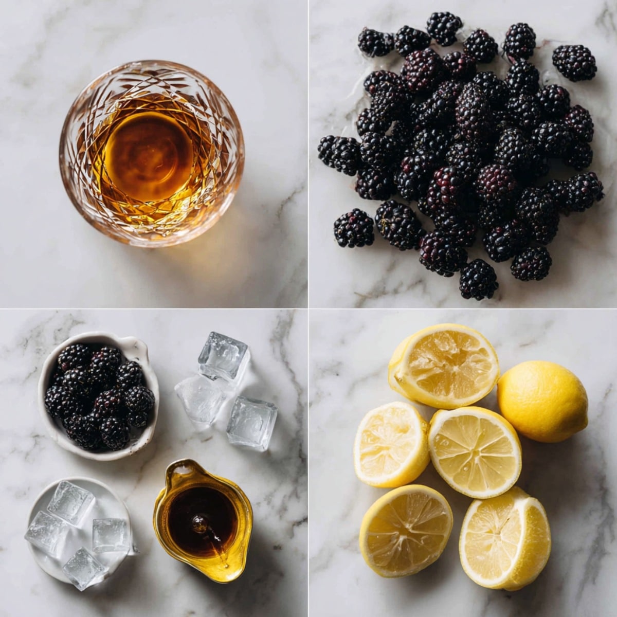 Ingredients for Merry Berry Bourbon Cocktail arranged in a 4-panel flat lay on a white marble kitchen counter.
