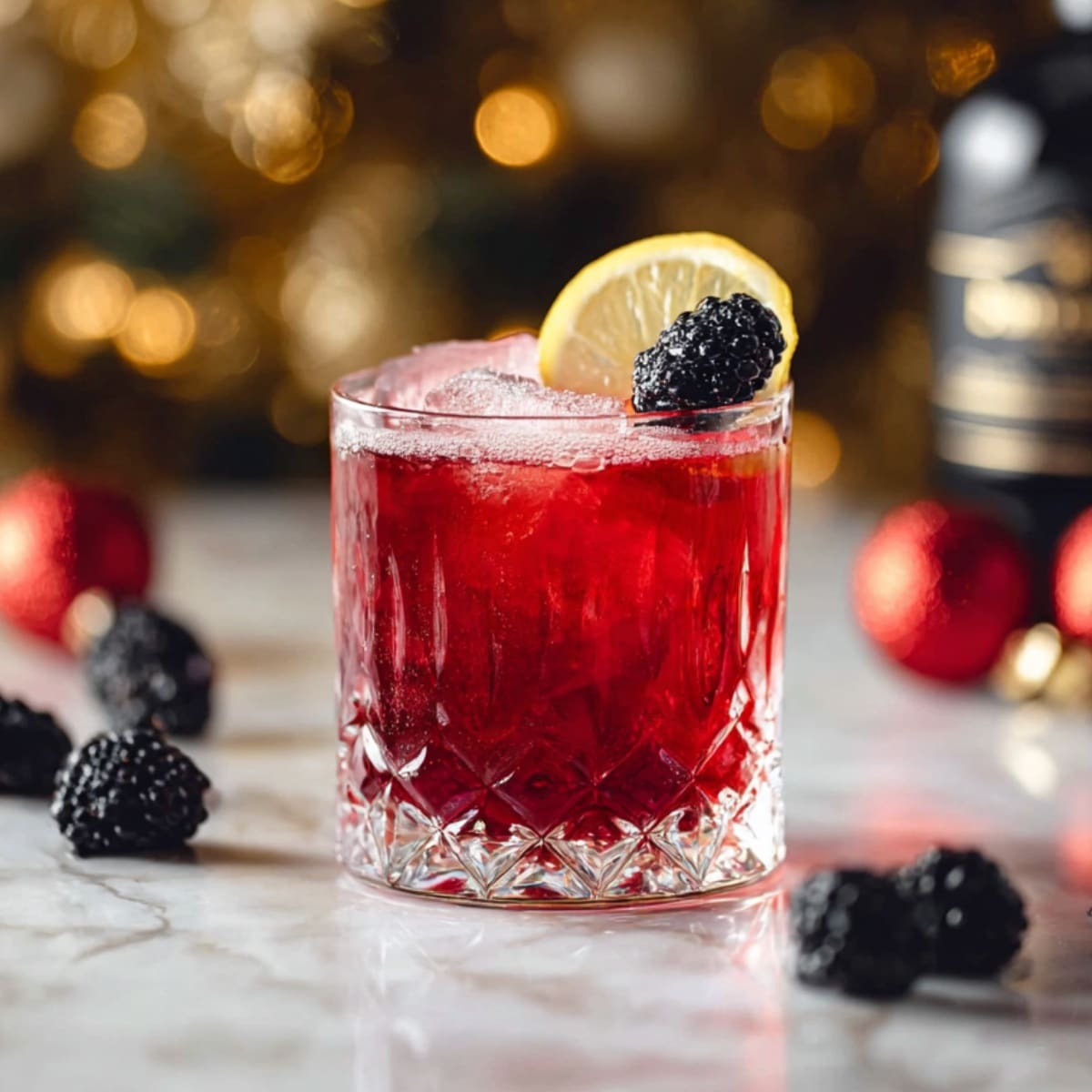 Merry berry bourbon cocktail served over ice with blackberry and lemon garnish