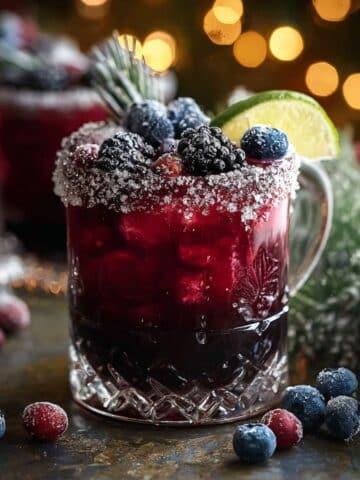 Midnight Frost Christmas Punch served in a sugar-rimmed glass with dark berry punch, frozen berries, and citrus garnish for a festive holiday drink.
