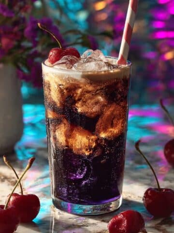 Midnight Malibu Dirty Soda in a tall glass with ice, creamy swirl topping, and cherry garnish.