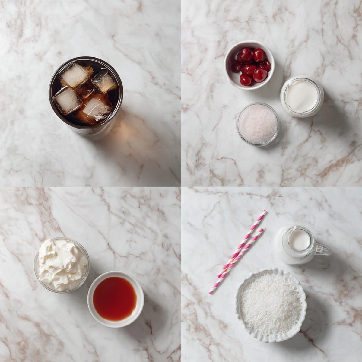 Midnight Malibu Dirty Soda ingredients on a white marble counter with cola, coconut cream, cherry syrup, and heavy cream.