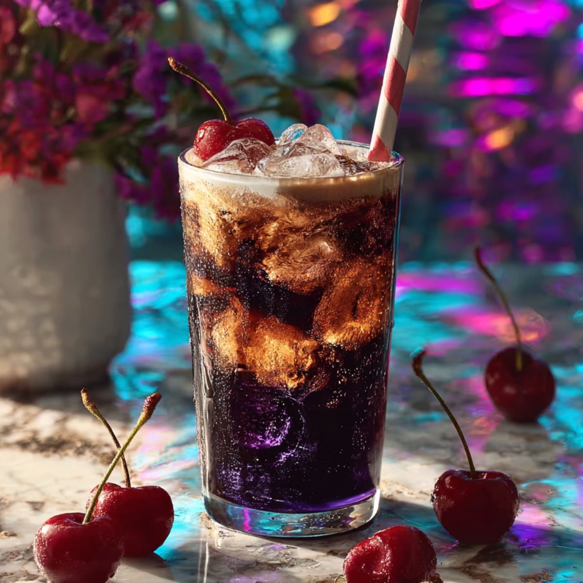 Midnight Malibu Dirty Soda in a tall glass with ice, creamy swirl topping, and cherry garnish.