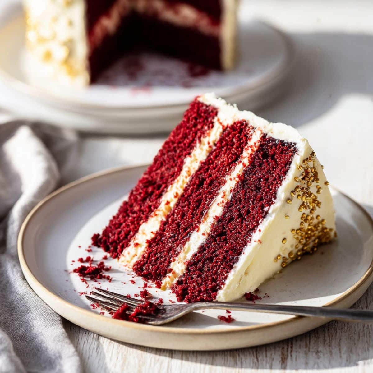 Moist red velvet cake slice with rich cream cheese frosting and tender red layers served on a plate