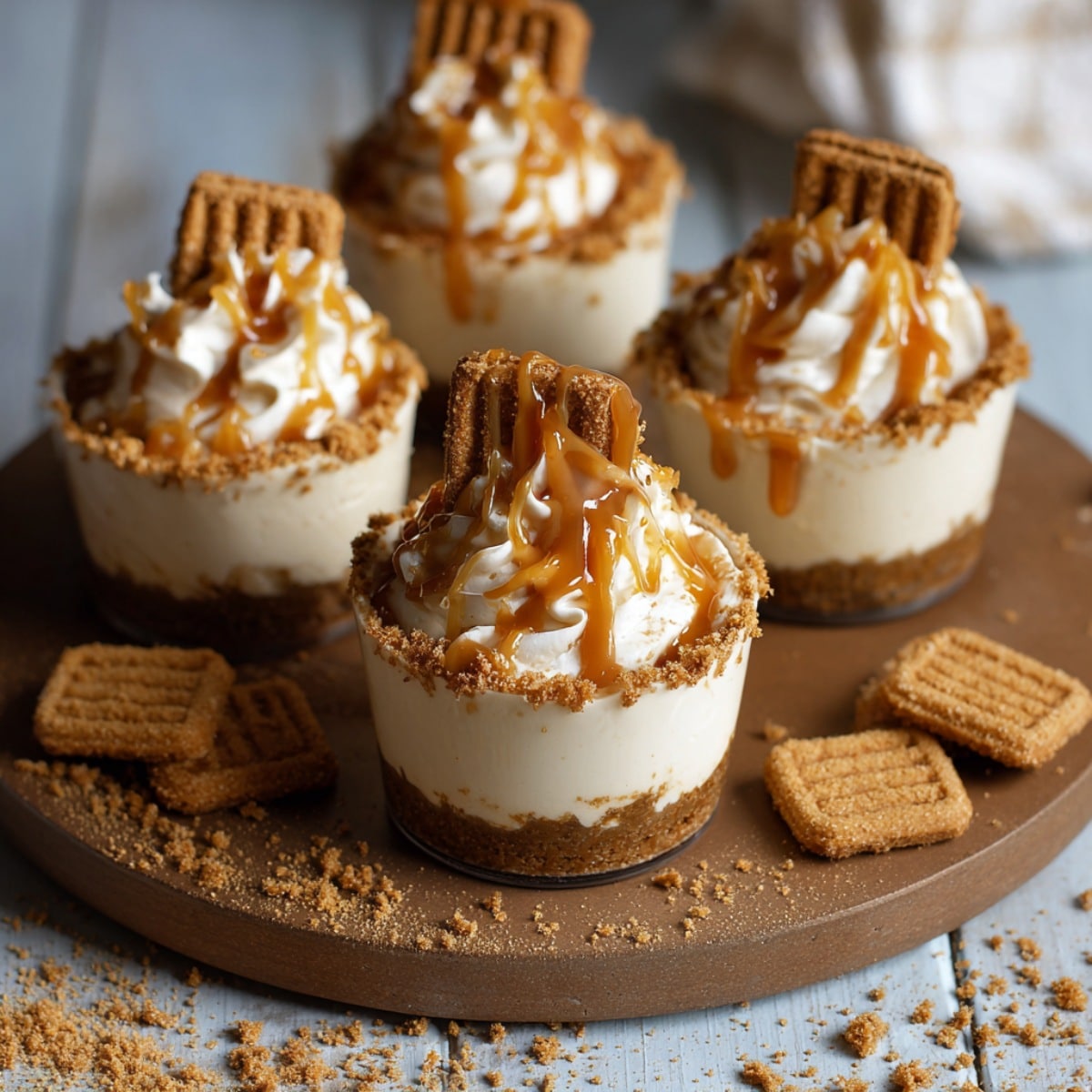 No-Bake Biscoff Cheesecake Cups in clear dessert cups with a spiced cookie crust, creamy cheesecake filling, whipped cream topping, caramel drizzle, and a Biscoff cookie garnish.