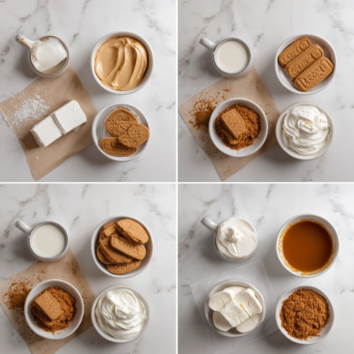 No-Bake Biscoff Cheesecake Cups ingredients on a white marble counter.