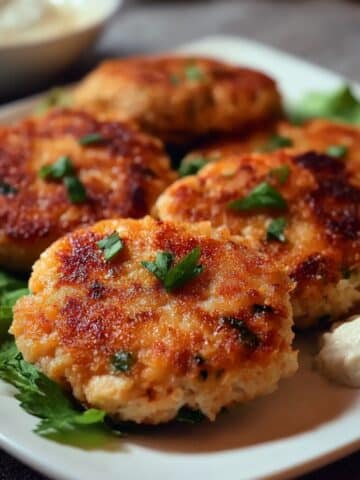 Old fashioned salmon patties with a crispy golden crust served on a plate with fresh herbs and creamy sauce.