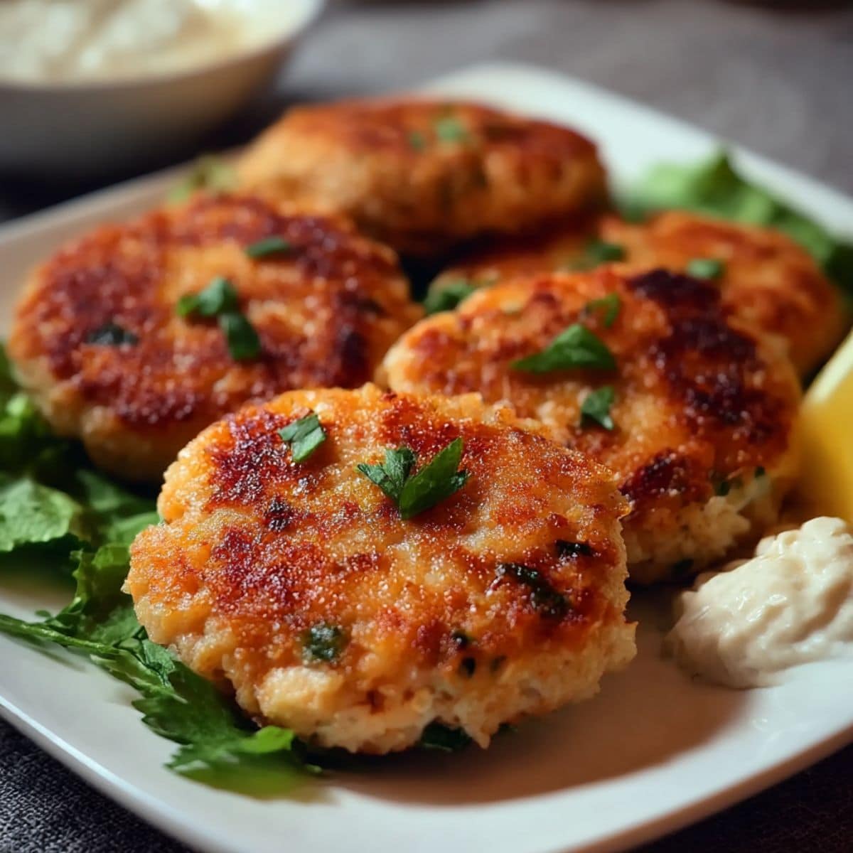 Old fashioned salmon patties with a crispy golden crust served on a plate with fresh herbs and creamy sauce.
