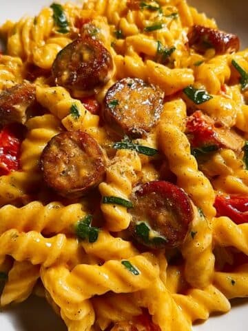 Creamy white cheddar ranch sausage pasta with rotini, sliced browned sausage, wilted greens, and bits of red pepper in a cheesy sauce.