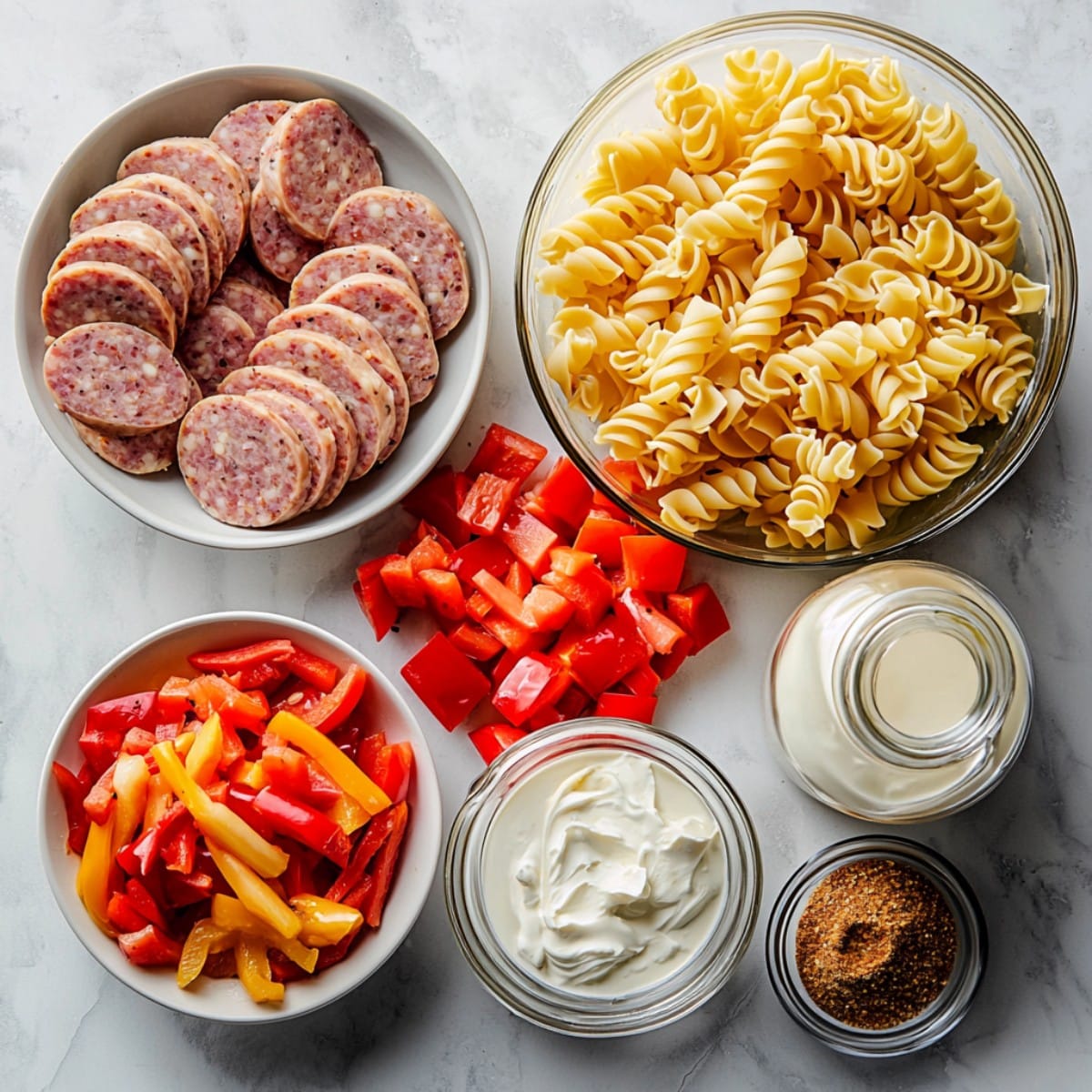 Ingredients for one pan white cheddar ranch sausage magic pasta arranged in a 4-panel flat lay on a white marble kitchen counter.