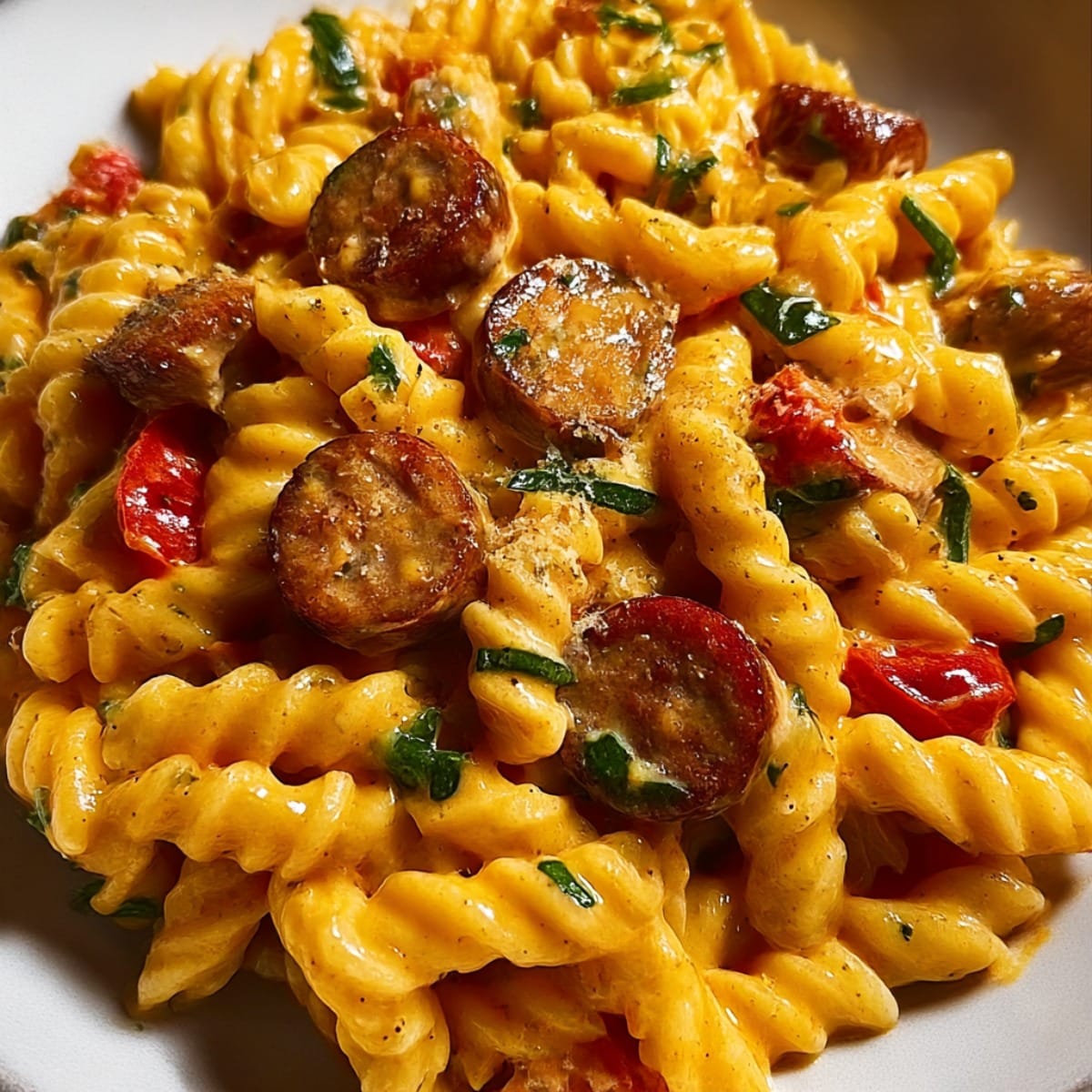 Creamy white cheddar ranch sausage pasta with rotini, sliced browned sausage, wilted greens, and bits of red pepper in a cheesy sauce.