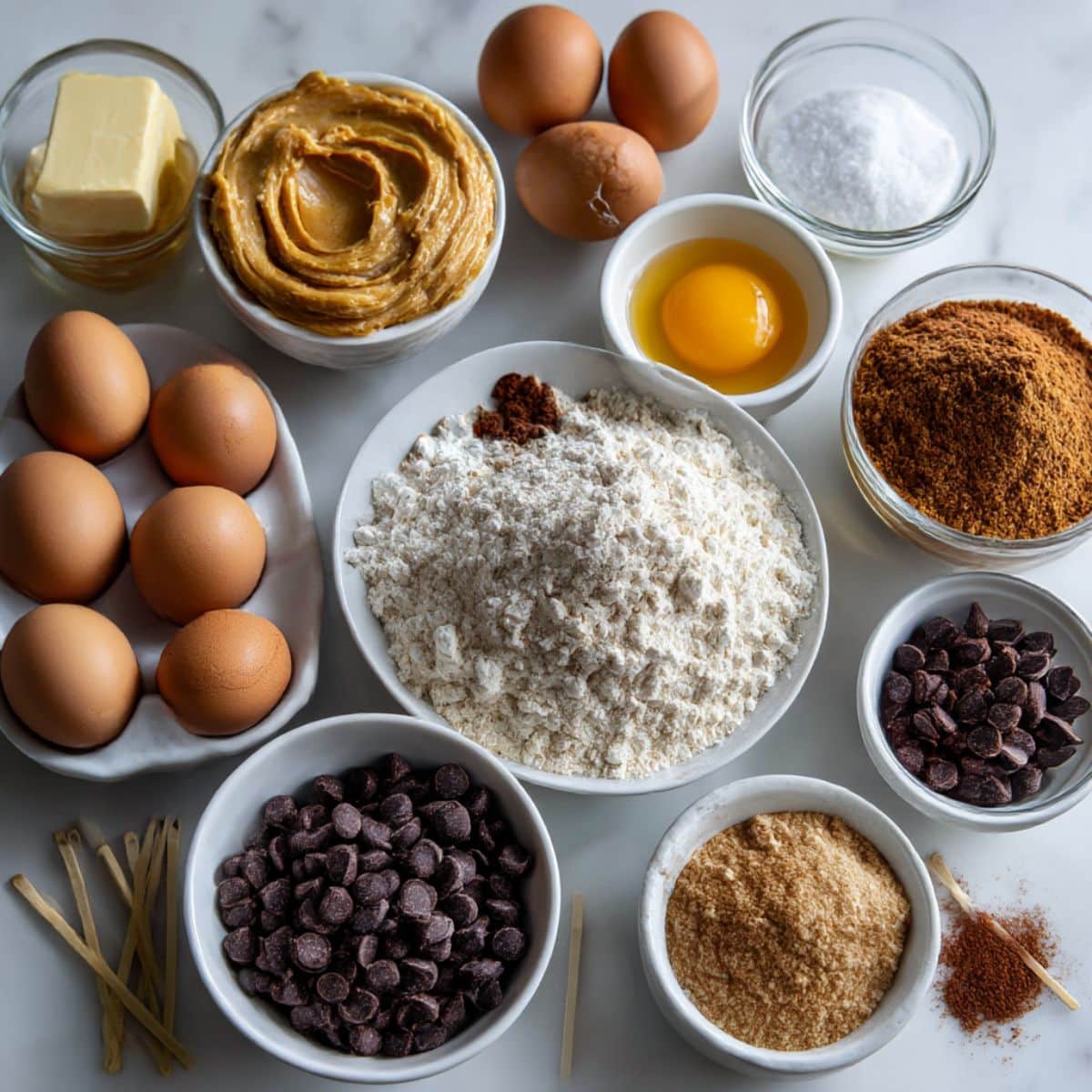Ingredients for peanut butter brownie swirl cookies laid out on a white kitchen counter, including peanut butter, chocolate, flour, and cocoa.