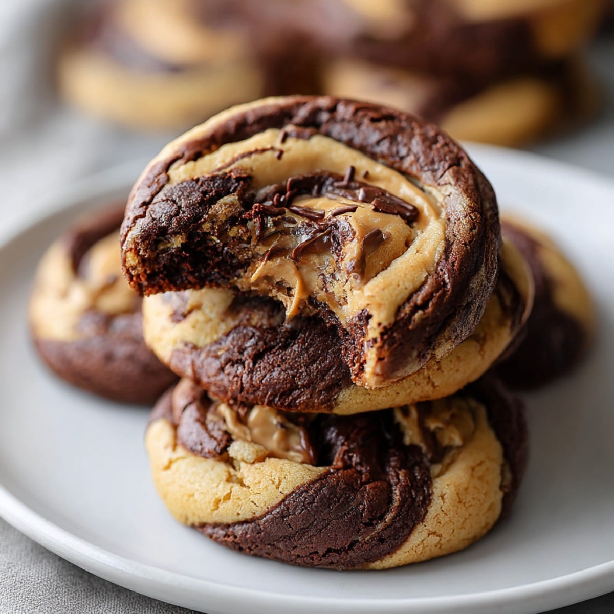 Peanut butter brownie swirl cookies stacked on a plate, showing fudgy chocolate and creamy peanut butter marbling.