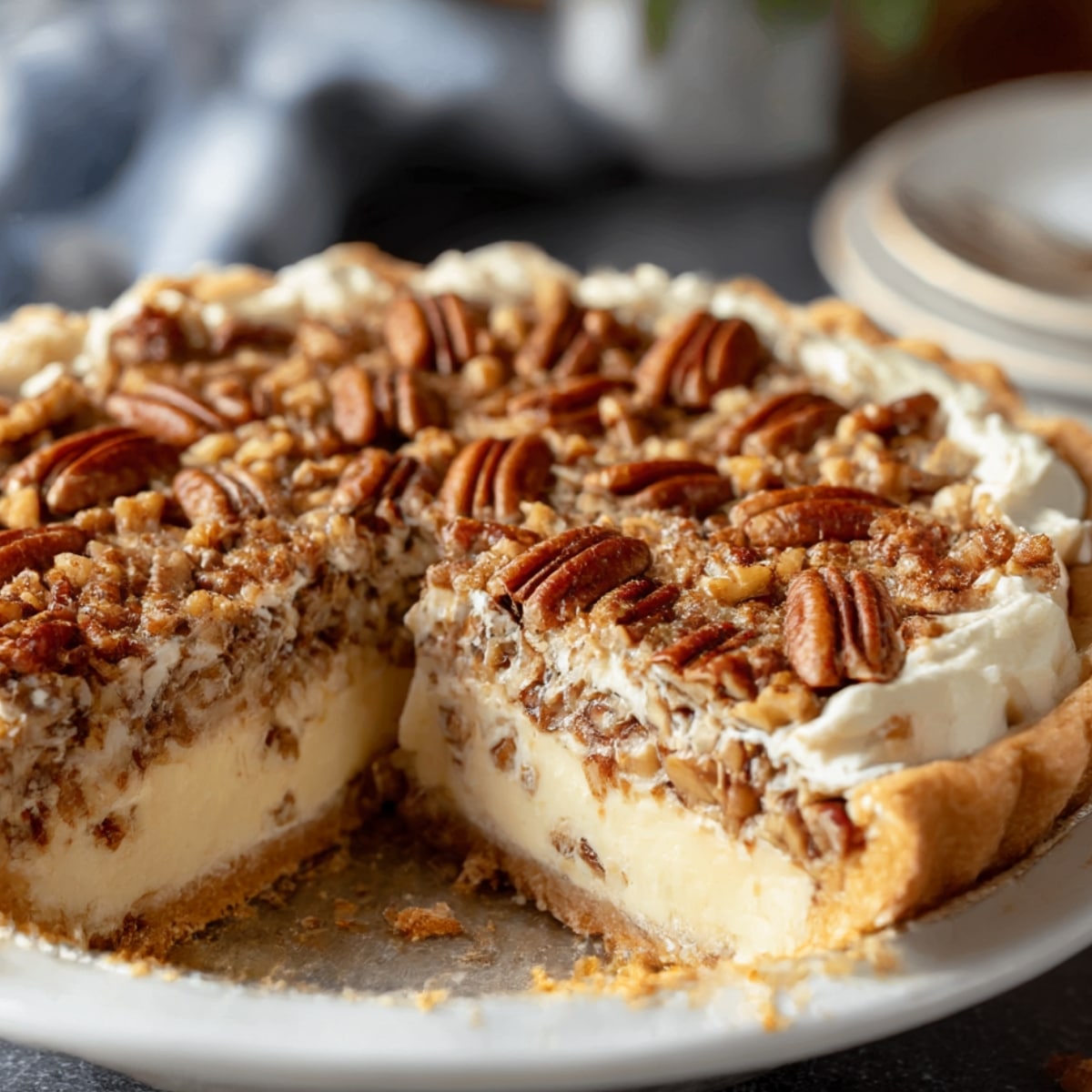 Pecan cream pie with a buttery crust, thick vanilla cream filling, and a crunchy pecan topping, sliced to show the creamy layers.