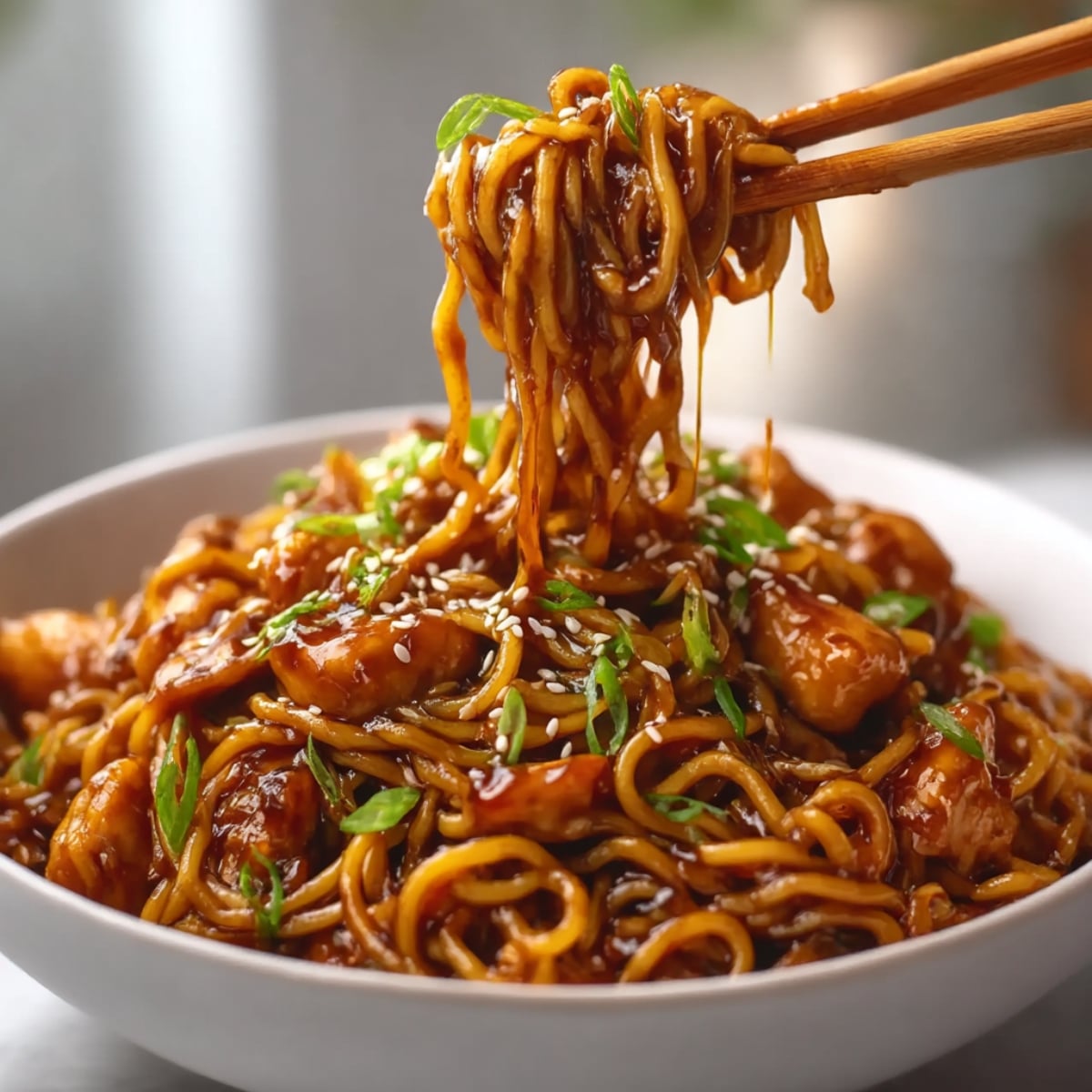 Garlic Chicken Noodles topped with sesame seeds and sliced green onions, with saucy noodles lifted by chopsticks from a white bowl.