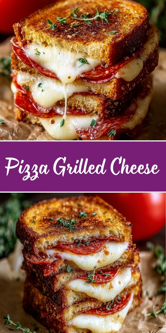 Pizza grilled cheese sandwich with pepperoni, melted mozzarella, and golden toasted bread