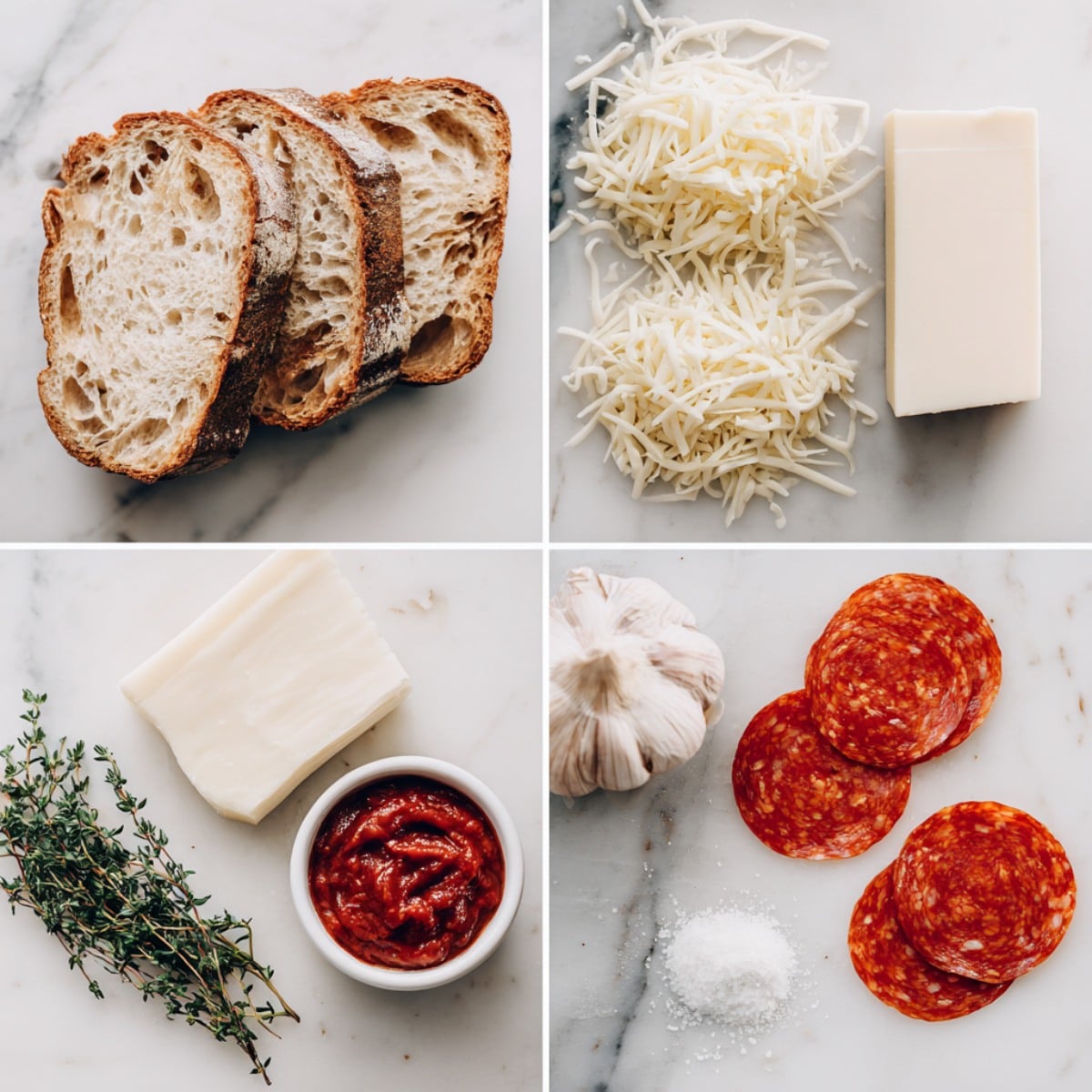 Ingredients for pizza grilled cheese arranged in a 4-panel flat lay on a white marble kitchen counter.