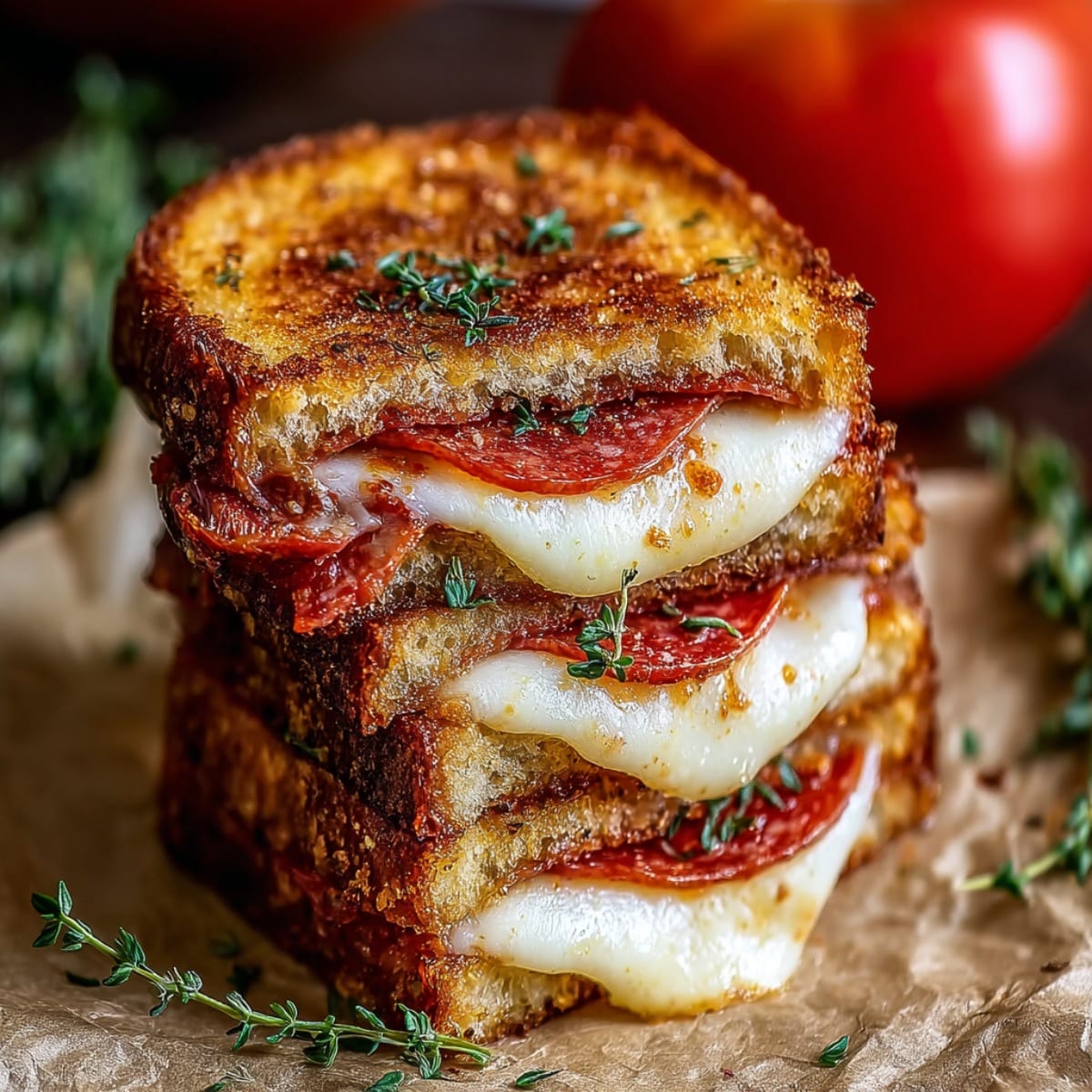 Pizza grilled cheese sandwich with melted mozzarella, pepperoni, and crispy toasted bread