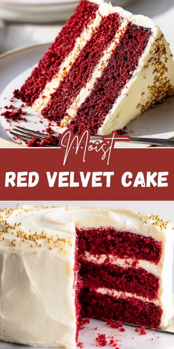 Moist red velvet cake with cream cheese frosting, rich red layers, and a soft crumb, perfect for holiday baking and special occasions