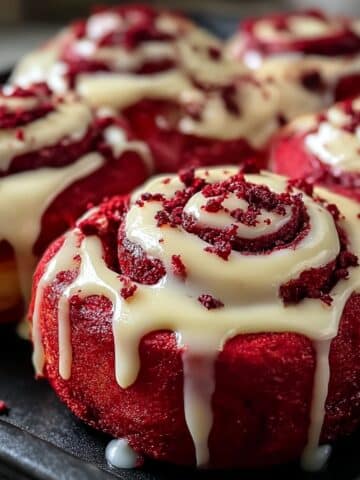 Red velvet cinnamon rolls in a baking pan, topped with thick cream cheese glaze dripping down the sides and sprinkled with red velvet crumbs.