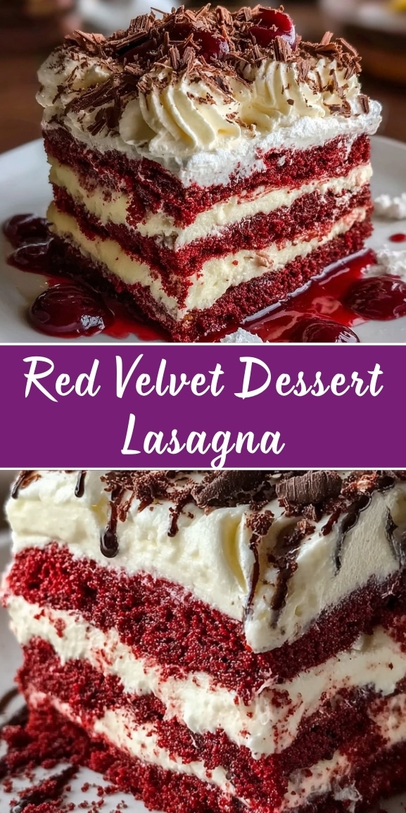 Red velvet dessert lasagna collage showing layered red velvet cake, cream cheese filling, whipped topping, and chocolate shavings with cherry sauce.