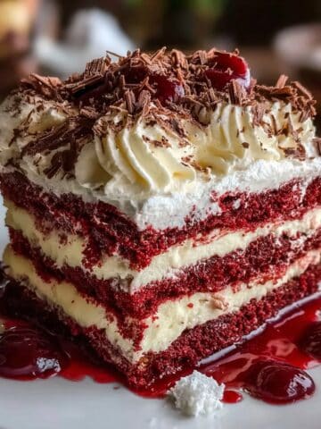 Red Velvet Dessert Lasagna slice layered with cream filling, whipped topping, chocolate shavings, and cherries on a white plate.