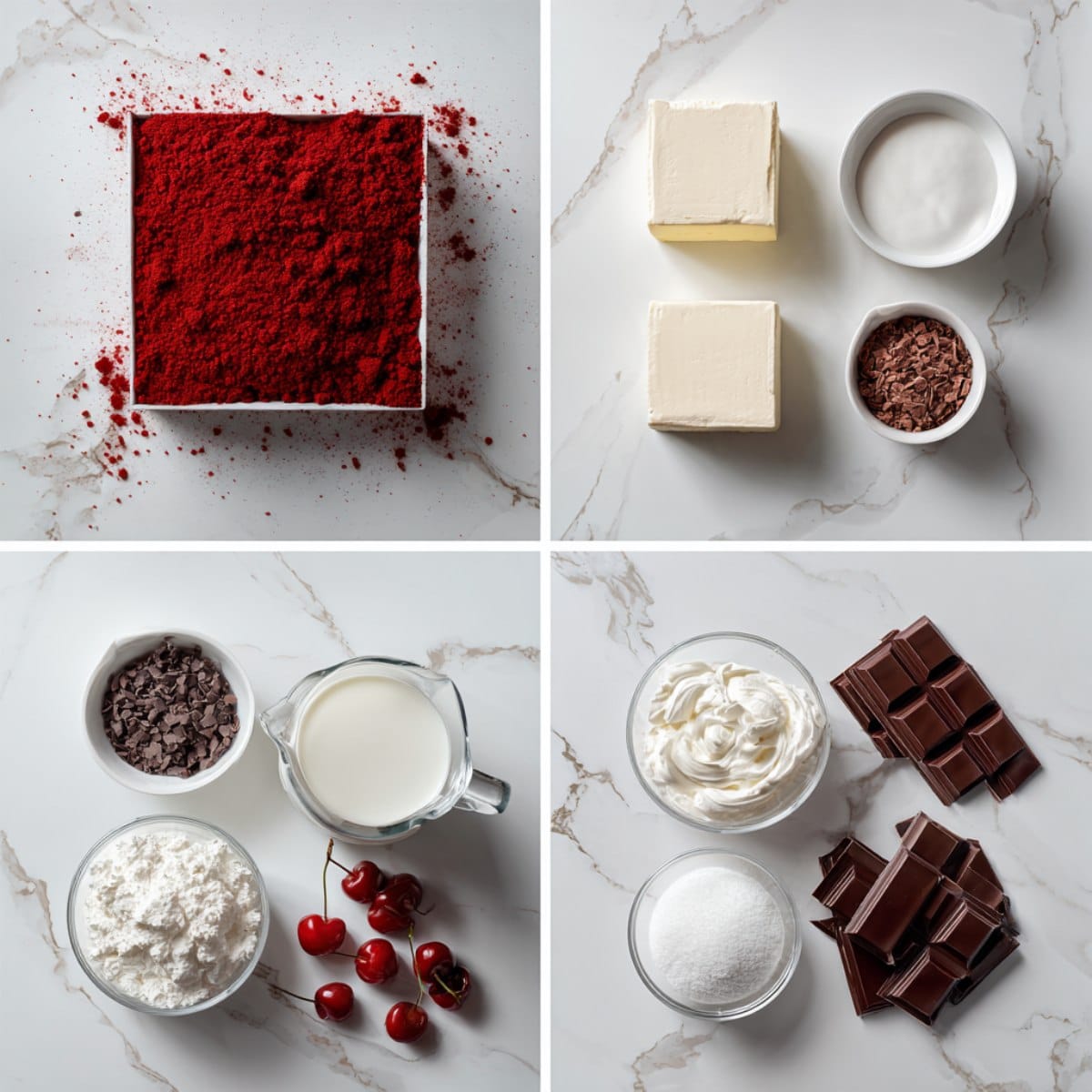 Red Velvet Dessert Lasagna ingredients laid out in a 4-panel grid on a white marble counter.