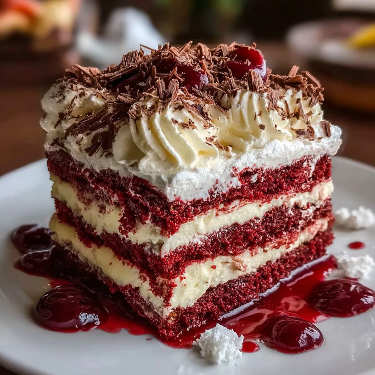 Red Velvet Dessert Lasagna slice layered with cream filling, whipped topping, chocolate shavings, and cherries on a white plate.