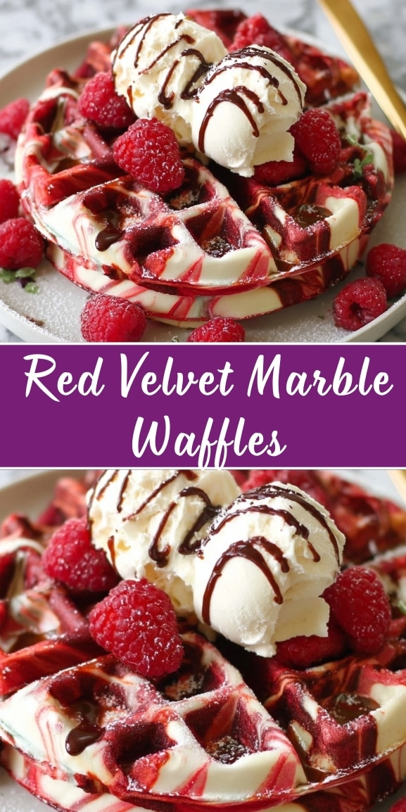 Red velvet marble waffles with vanilla ice cream scoops, fresh raspberries, and chocolate drizzle on a white plate.