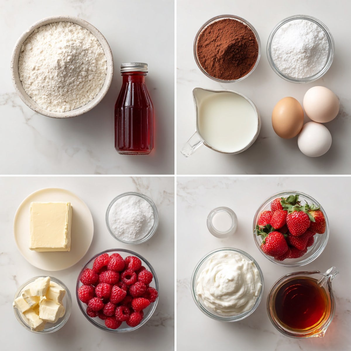 Red velvet marble waffles ingredients on a white marble counter in a 4-panel grid flat lay.