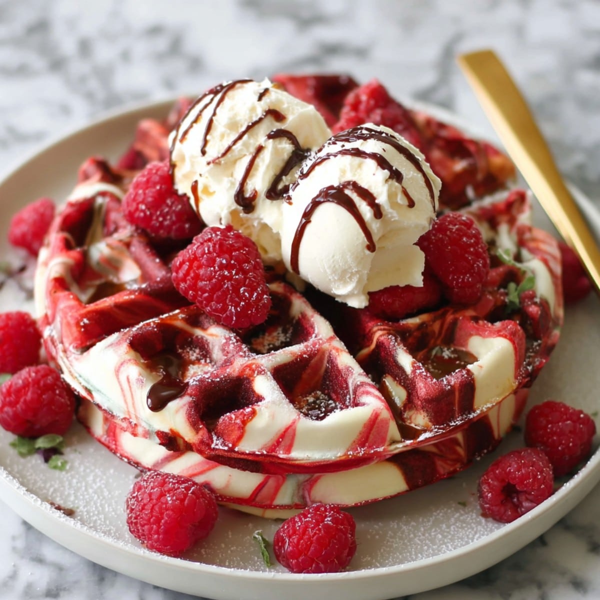 Red velvet marble waffles topped with vanilla ice cream, fresh raspberries, and chocolate drizzle on a white plate.